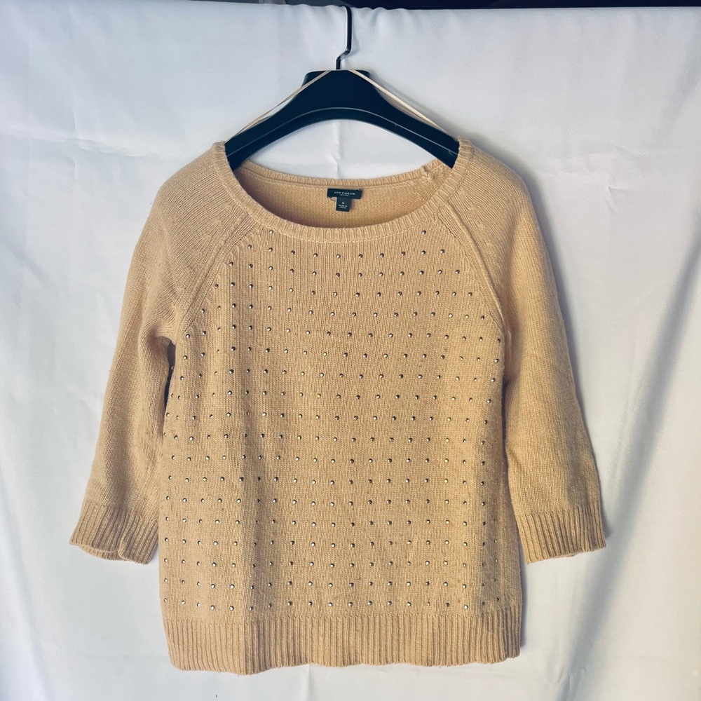 Ann Taylor Women's Cashmere Blend Beige Sweater Embellished with Gold Beads